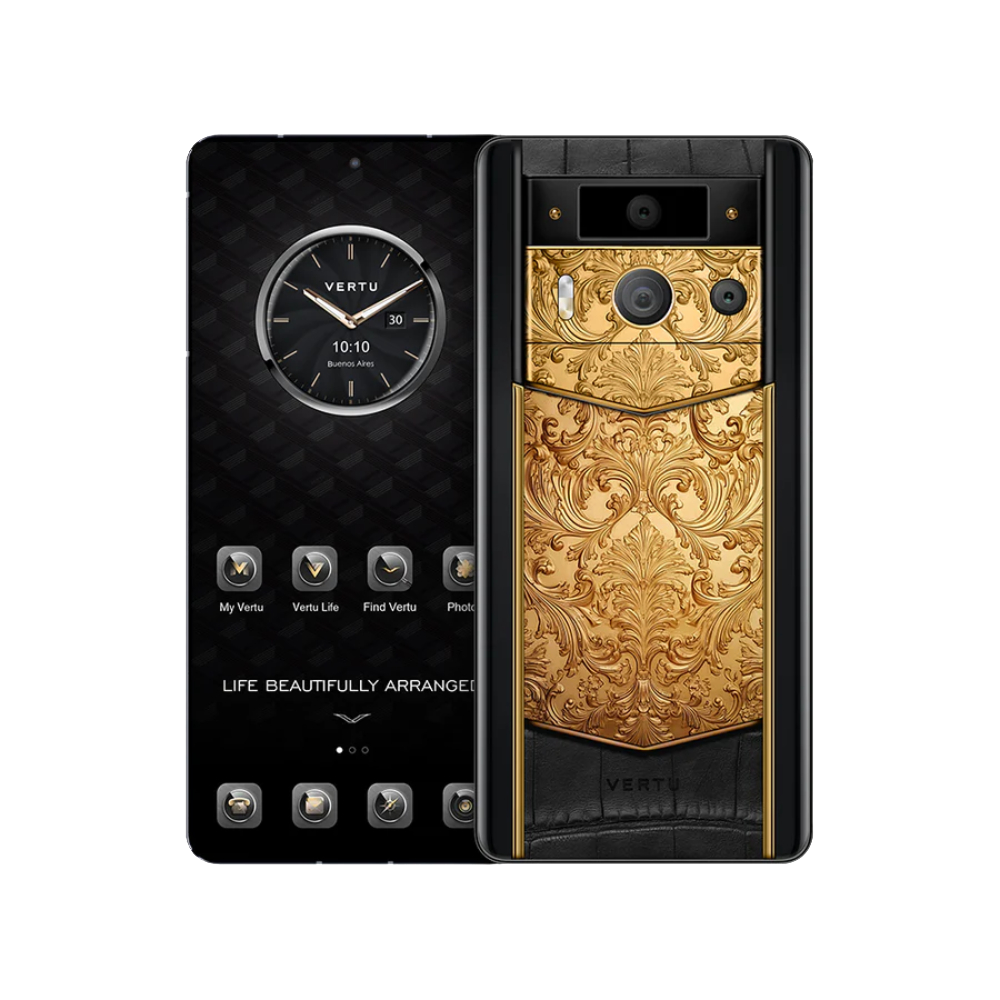 METAVERTU 2 Luxury Custom-Made Golden Carved Floral Decoration with Alligator Skin Web3 AI Phone - Black